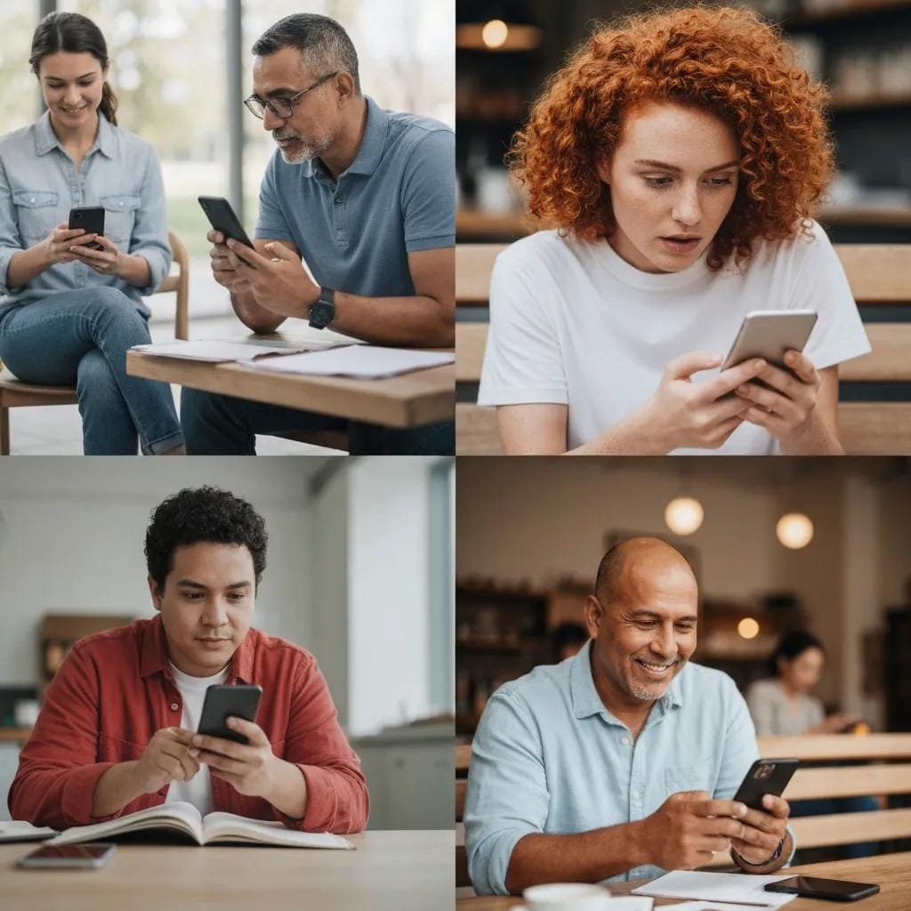 Diverse individuals using mobile devices to engage with mortgage tools in different environments
