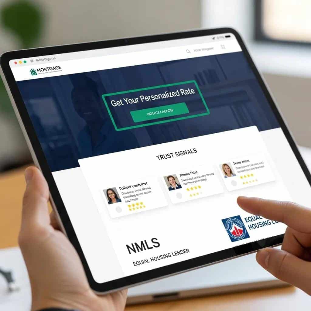 Close-up of a tablet displaying a well-designed mortgage website with clear CTAs and trust signals