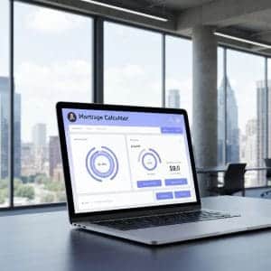 Custom mortgage calculator interface on a laptop, showcasing branding and user engagement in financial technology