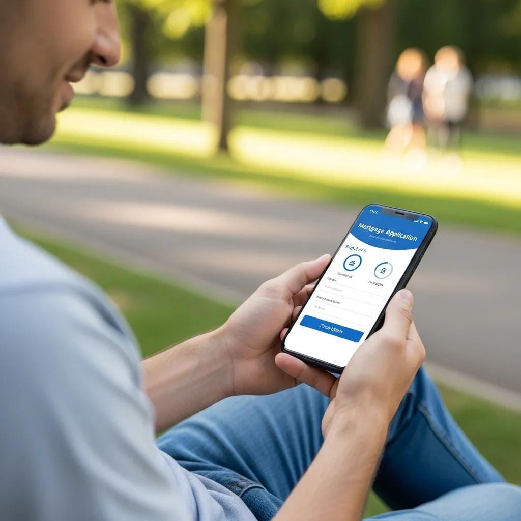 Individual using a smartphone to access a mortgage website in a park, demonstrating mobile-first design advantages