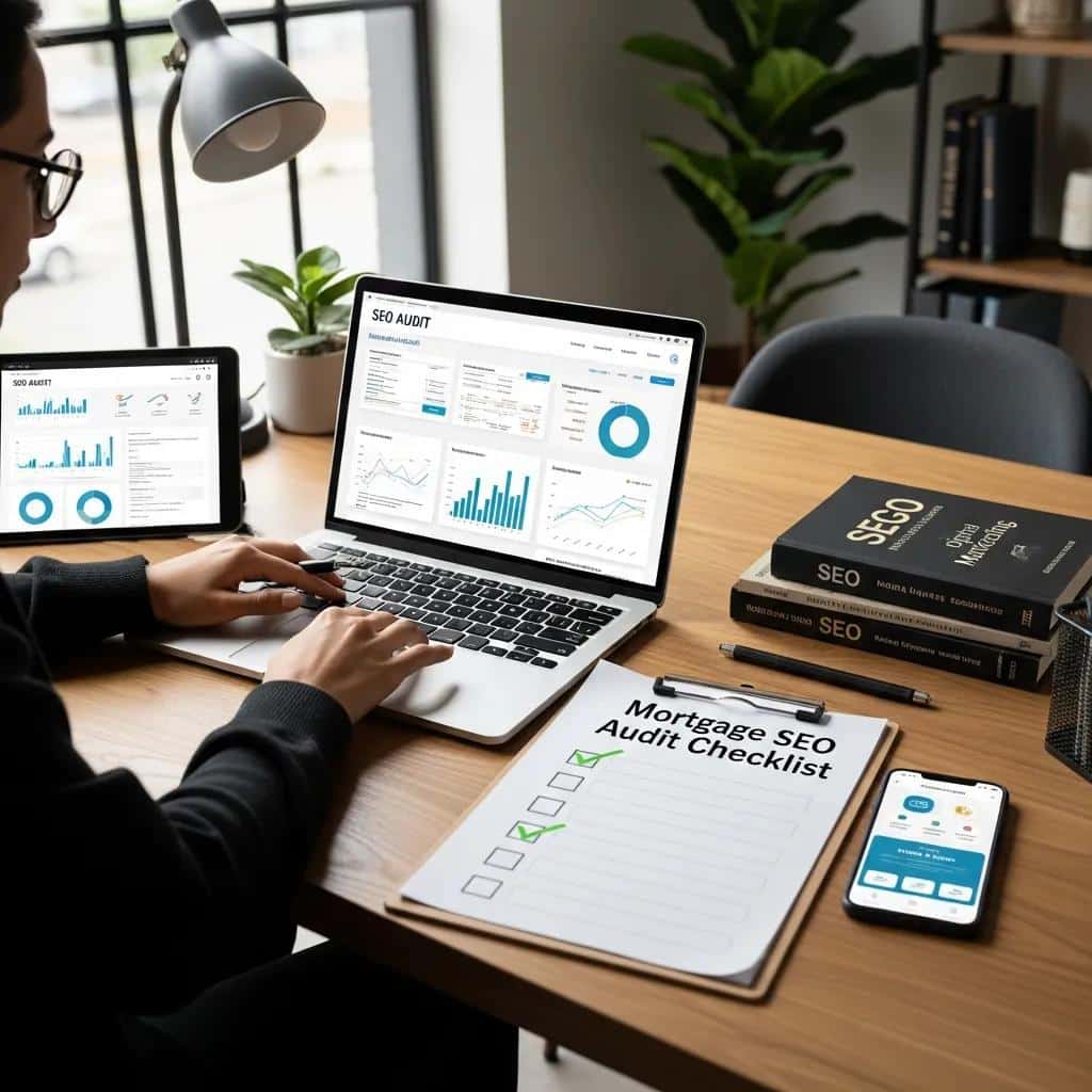Person performing an SEO audit for mortgage companies using a laptop and checklist