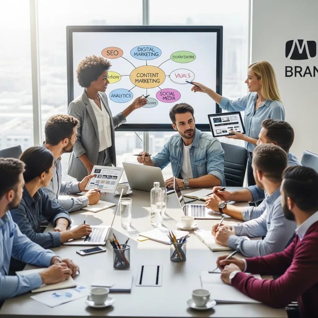 Professionals collaborating on mortgage marketing strategies in a bright conference room