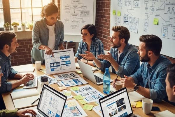 Team collaborating on mortgage website design with laptops and sketches