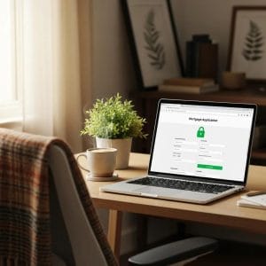 Cozy mortgage lender office with a laptop showing a secure website, emphasizing mortgage website security