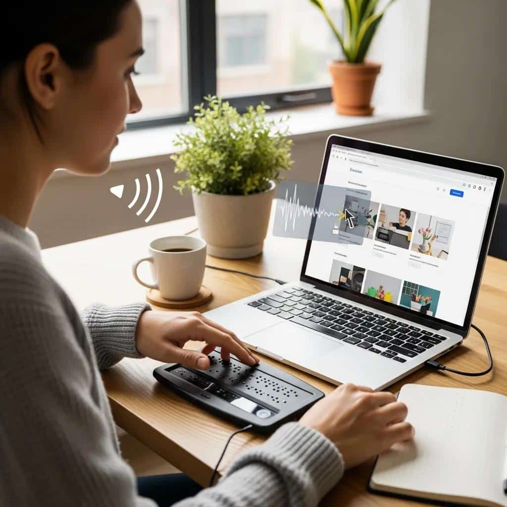 Person with disability using assistive technology on a laptop in a bright workspace