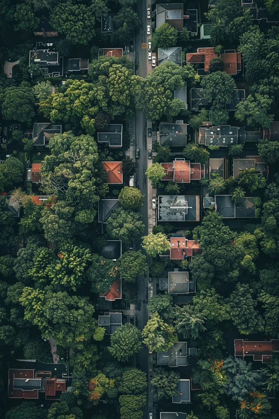 top view of homes with streets and trees no text no lettering