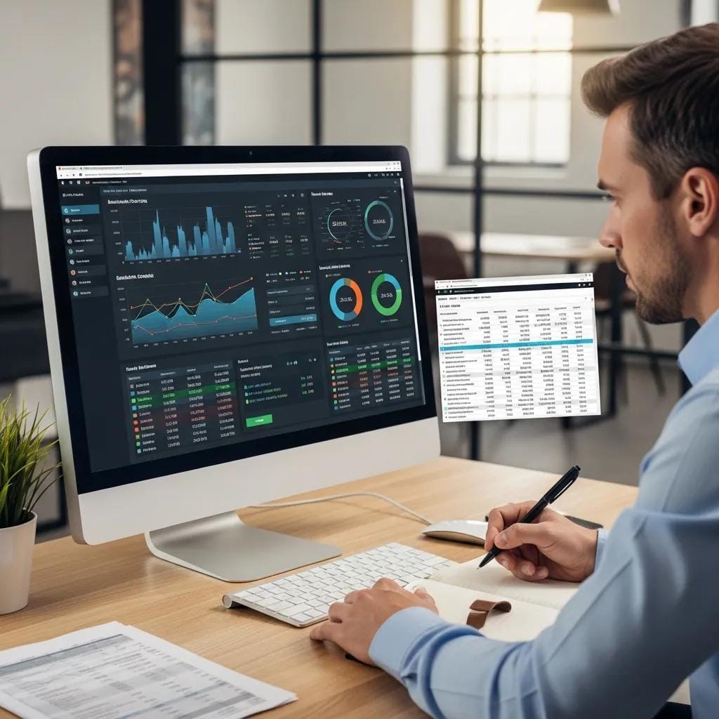 Loan officer analyzing backlink data on a computer, focusing on SEO tools